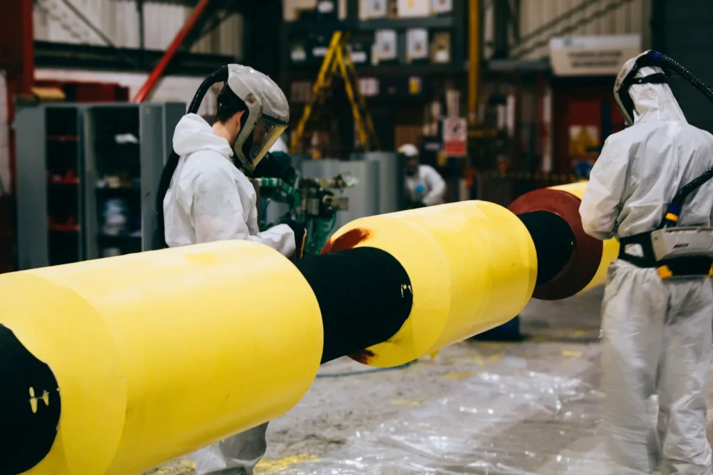 LJF technician in full PPE inspecting polyurethane thermal insulation coating on subsea pipe